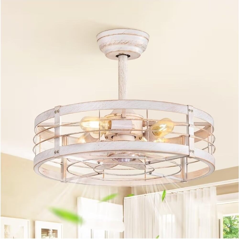 20" Caged Ceiling Fan with Light, Small Flush Mount 20 Inch Gold and White